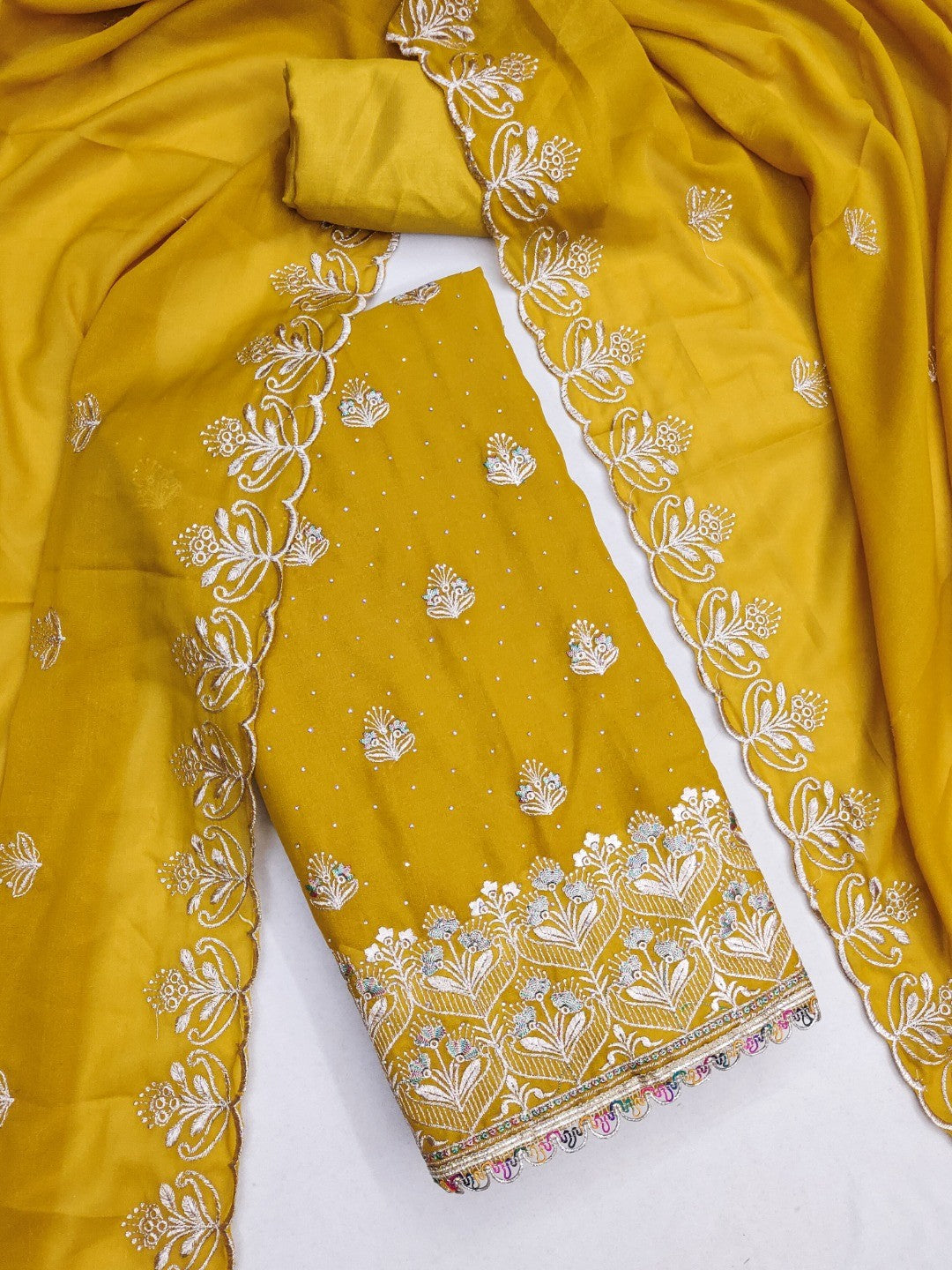 Luxury Mustard Floral Embroidery With Sparkling Diamond Work Georgette Dress Material - Image 5