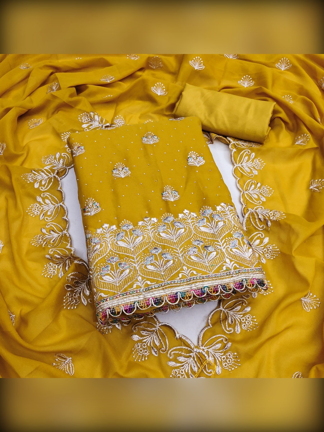 Luxury Mustard Floral Embroidery With Sparkling Diamond Work Georgette Dress Material - Image 4