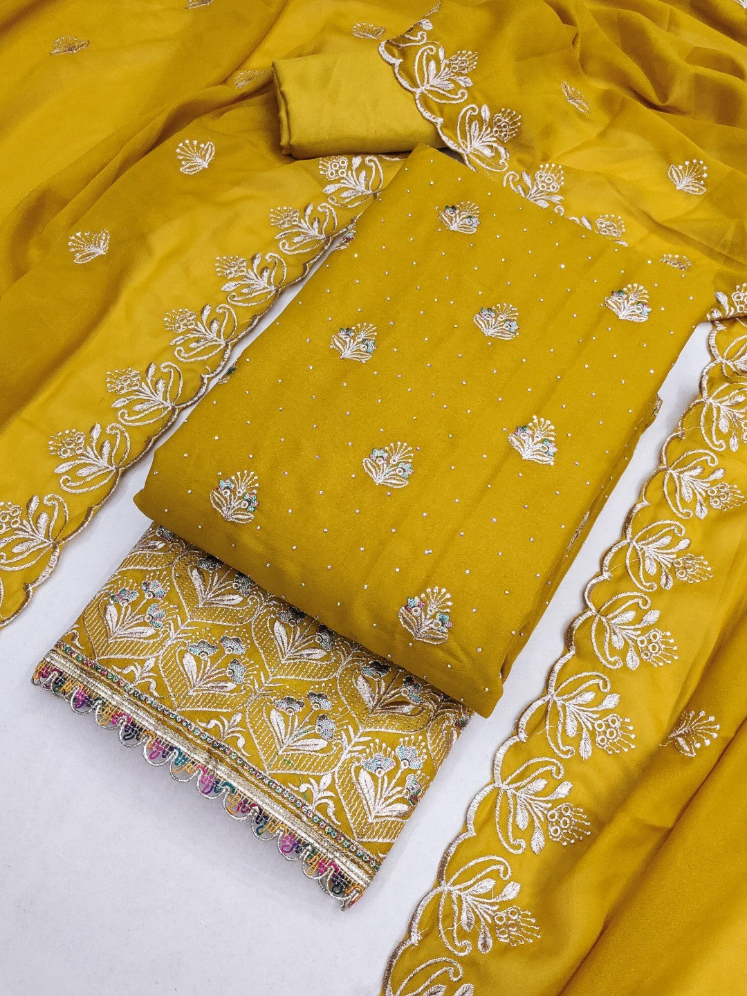 Luxury Mustard Floral Embroidery With Sparkling Diamond Work Georgette Dress Material - Image 1