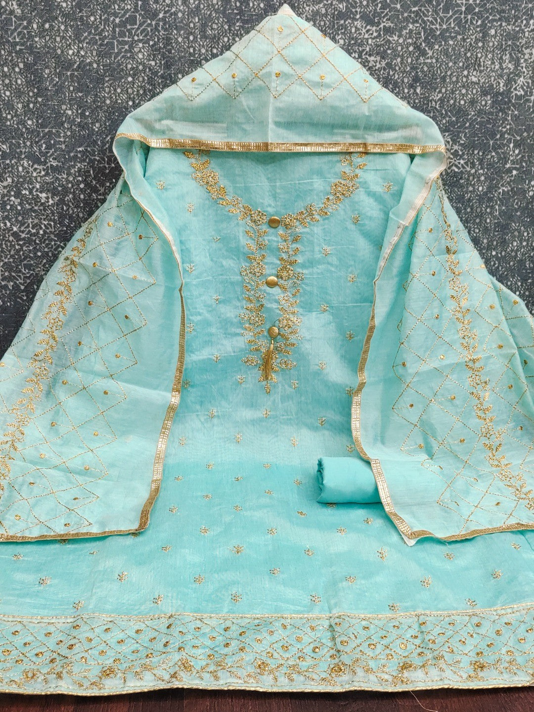 Premium Blue Floral Embroidery With Zari Work Chanderi Silk Dress Material - Image 4