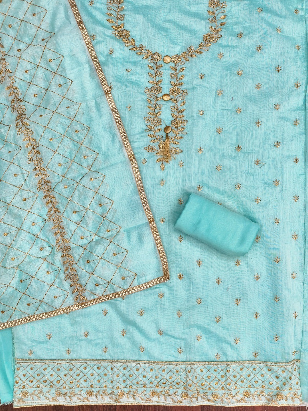 Premium Blue Floral Embroidery With Zari Work Chanderi Silk Dress Material - Image 3