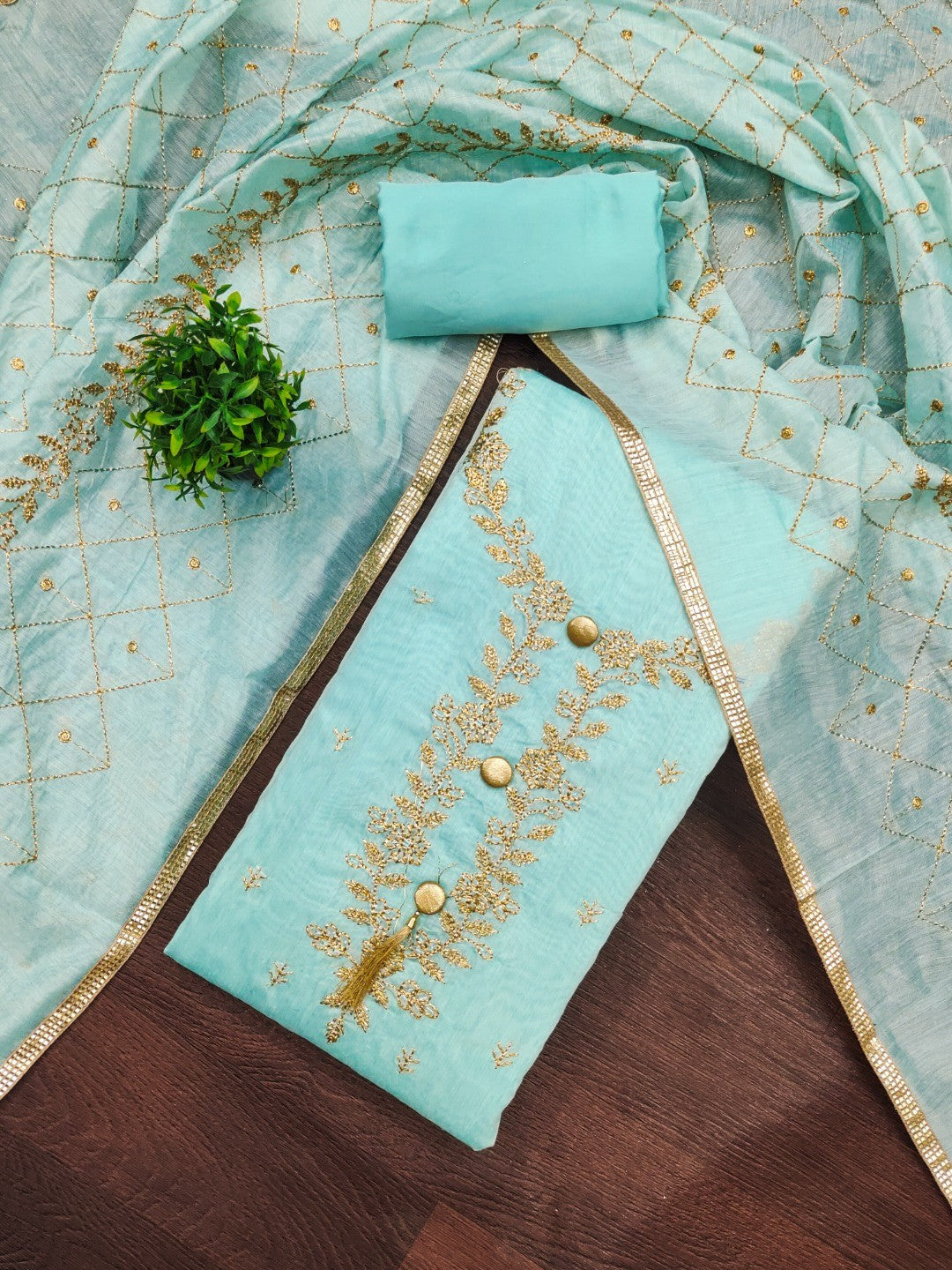Premium Blue Floral Embroidery With Zari Work Chanderi Silk Dress Material - Image 1