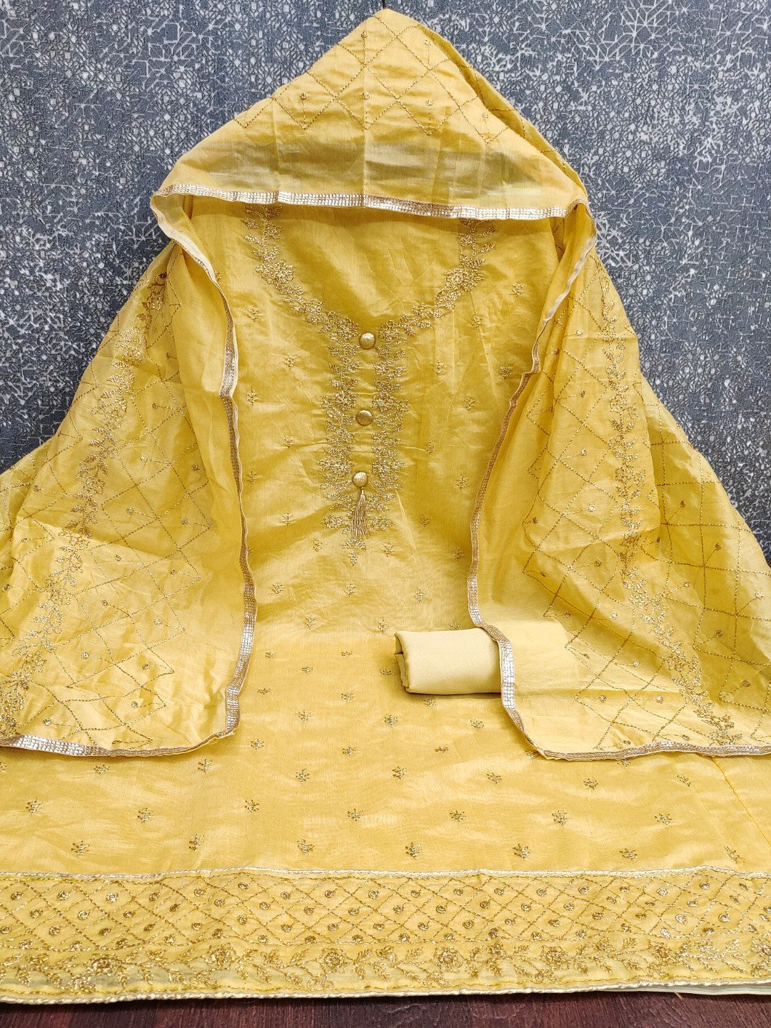 Premium Yellow Floral Embroidery With Zari Work Chanderi Silk Dress Material - Image 3