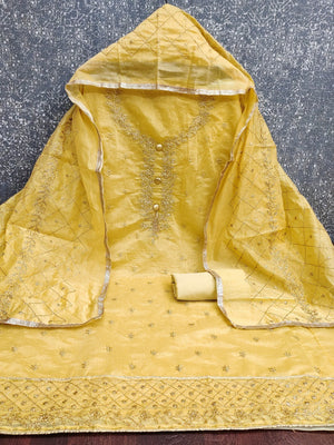 Premium Yellow Floral Embroidery With Zari Work Chanderi Silk Dress Material - Image 2