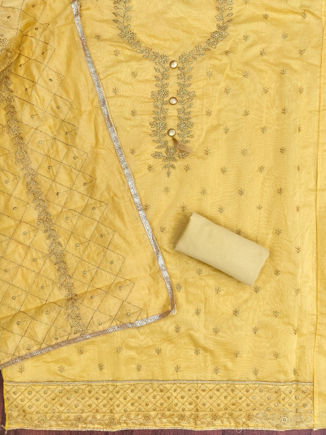 Premium Yellow Floral Embroidery With Zari Work Chanderi Silk Dress Material - Image 4