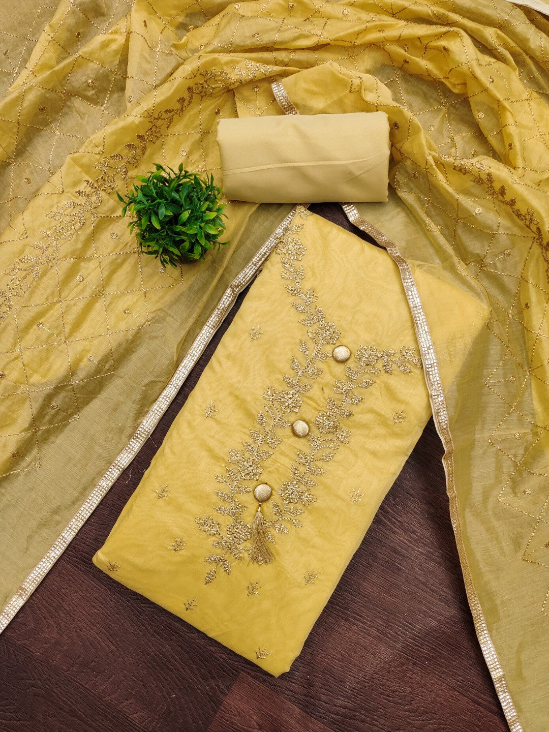 Premium Yellow Floral Embroidery With Zari Work Chanderi Silk Dress Material - Image 1