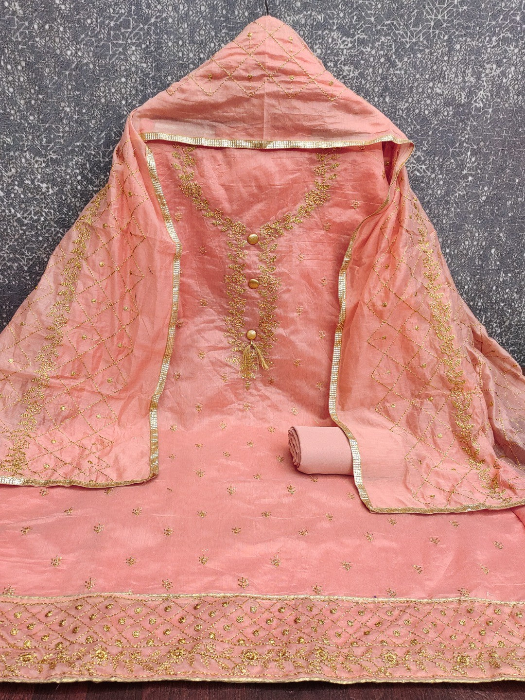 Premium Peach Floral Embroidery With Zari Work Chanderi Silk Dress Material - Image 3