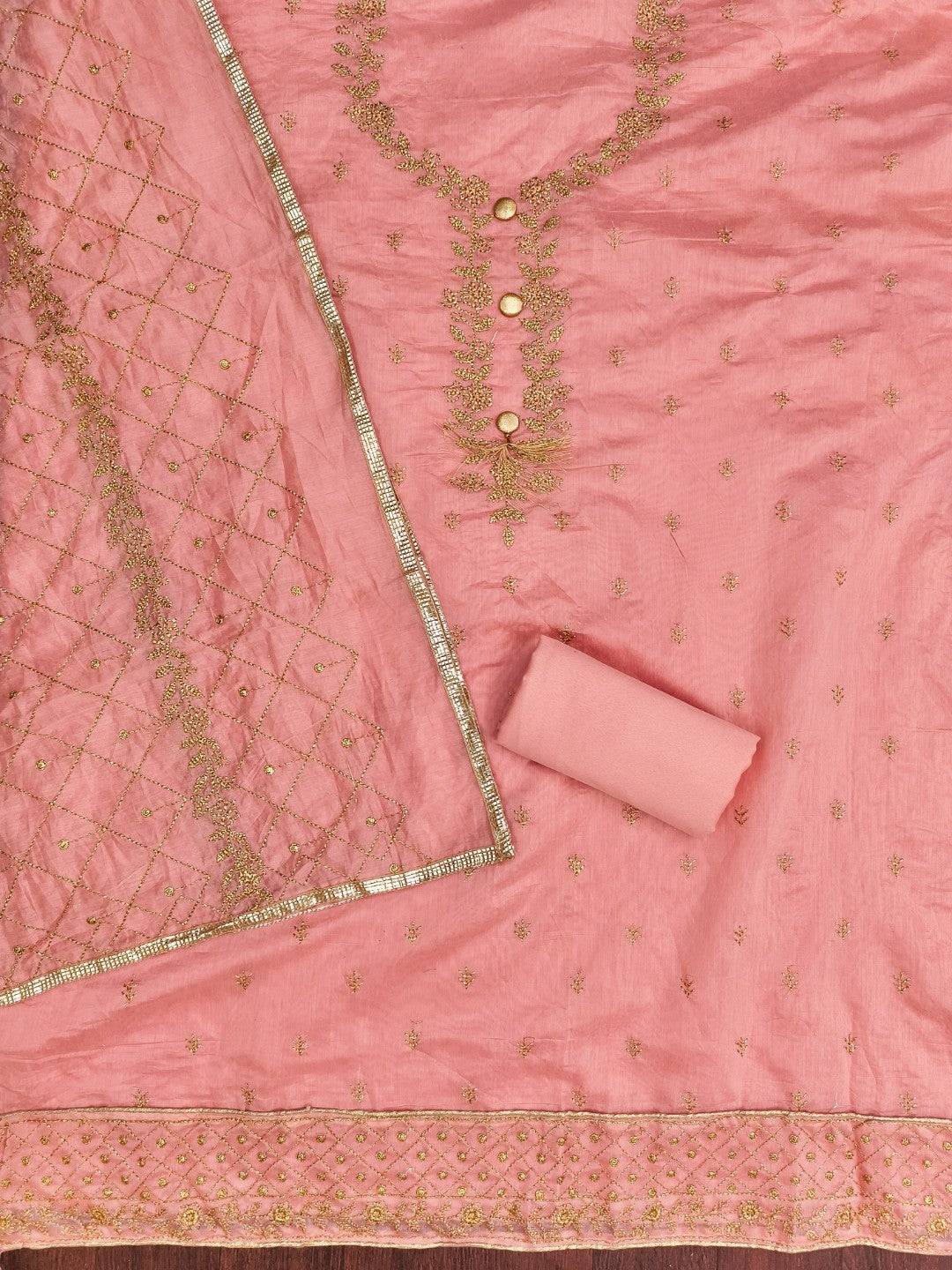 Premium Peach Floral Embroidery With Zari Work Chanderi Silk Dress Material - Image 4