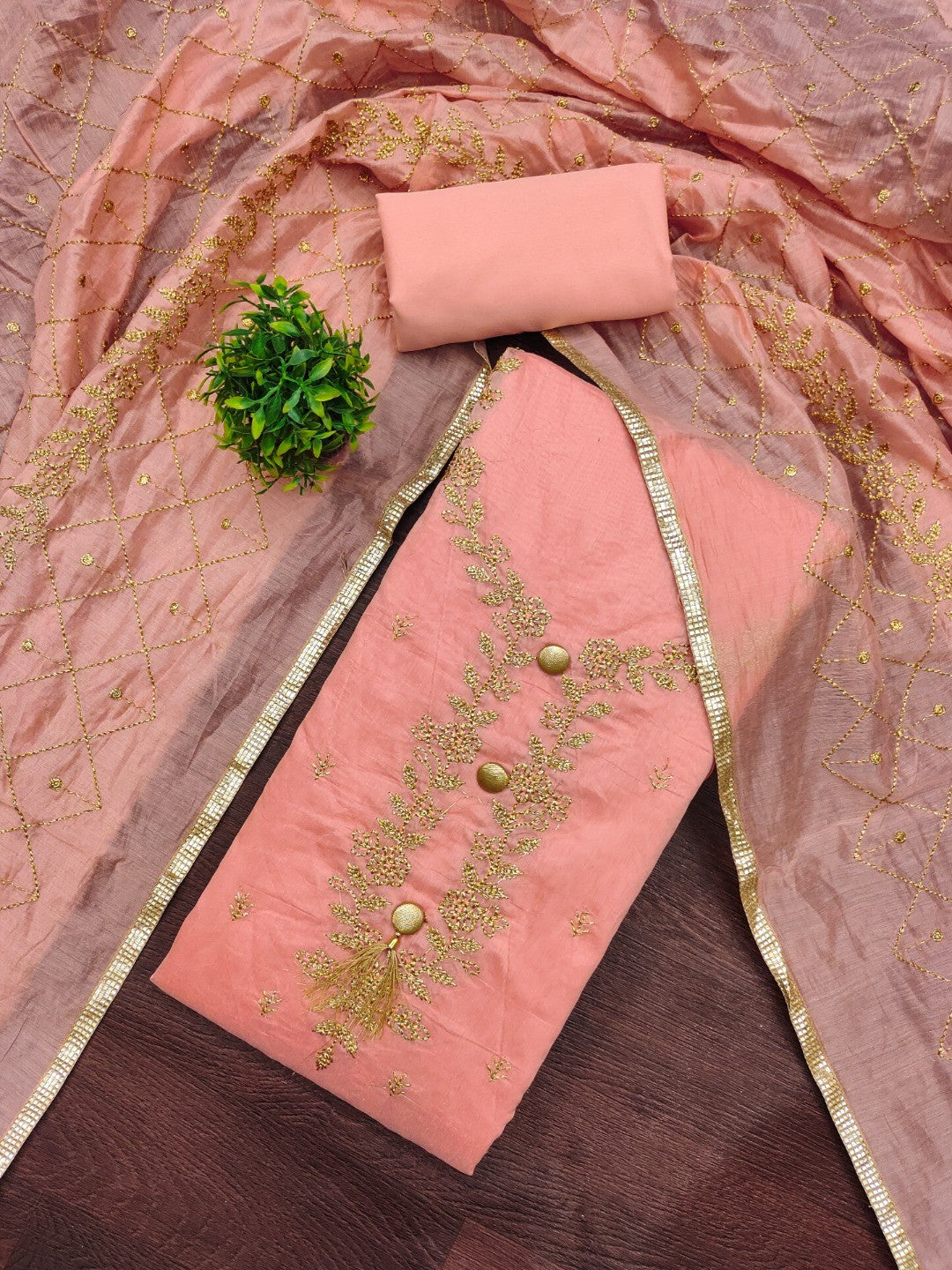 Premium Peach Floral Embroidery With Zari Work Chanderi Silk Dress Material - Image 1