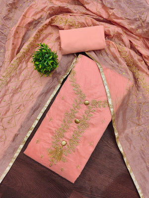 Premium Peach Floral Embroidery With Zari Work Chanderi Silk Dress Material - Image 1