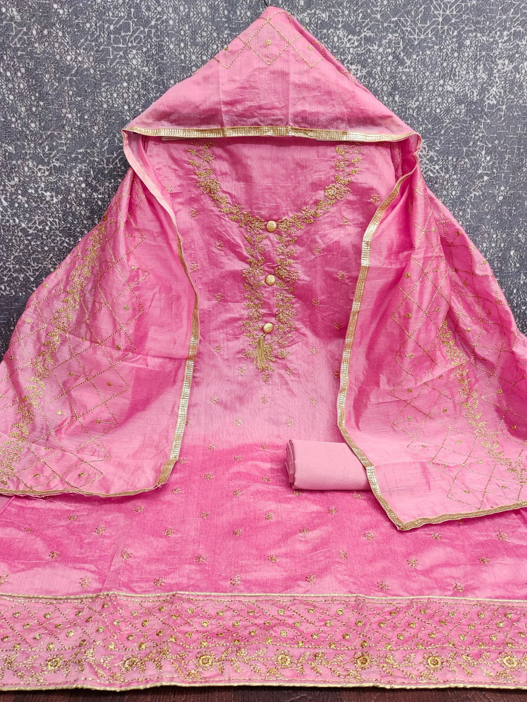Premium Pink Floral Embroidery With Zari Work Chanderi Silk Dress Material - Image 3