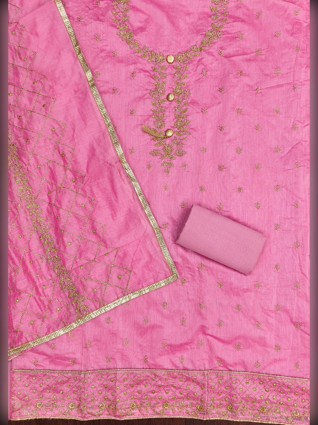 Premium Pink Floral Embroidery With Zari Work Chanderi Silk Dress Material - Image 4