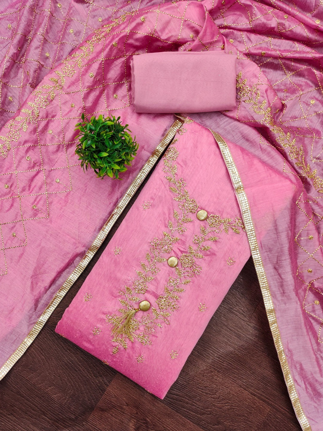 Premium Pink Floral Embroidery With Zari Work Chanderi Silk Dress Material - Image 1
