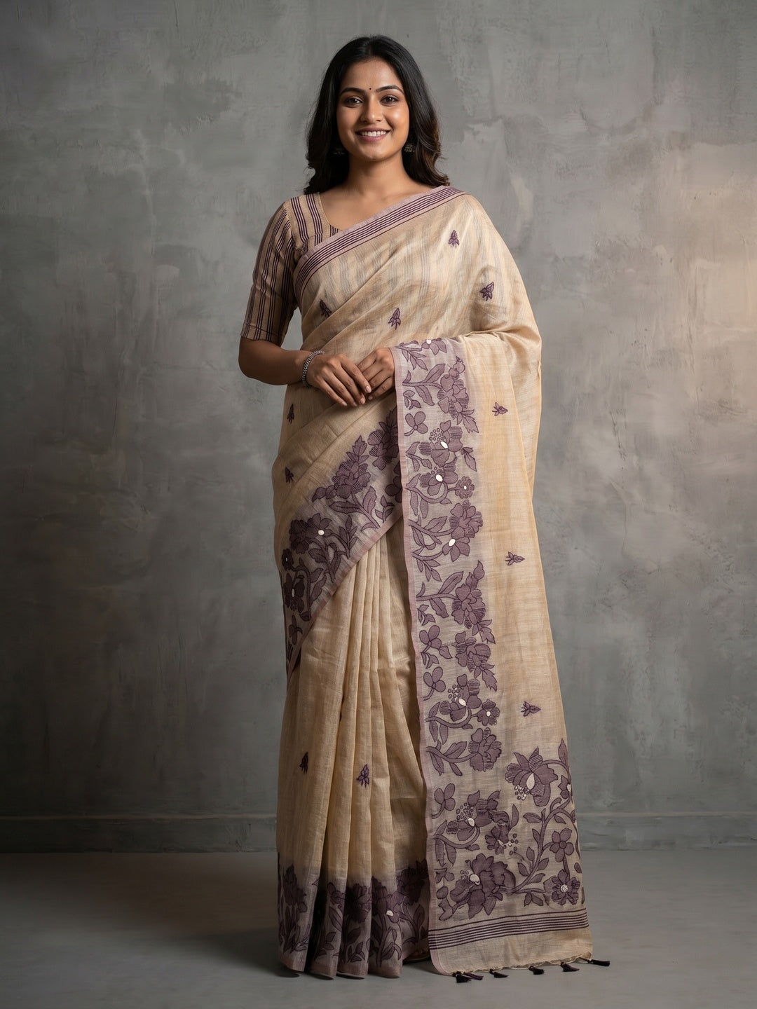 Elegant Beige Pure Cotton Saree with Purple Floral Thread Work - Image 1