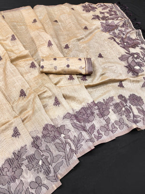 Elegant Beige Pure Cotton Saree with Purple Floral Thread Work - Image 2