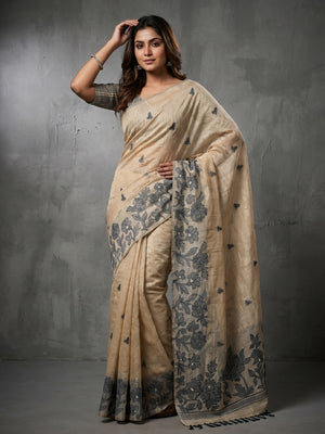 Elegant Beige Pure Cotton Saree with Grey Floral Thread Work - Image 1