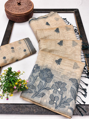 Elegant Beige Pure Cotton Saree with Grey Floral Thread Work - Image 2