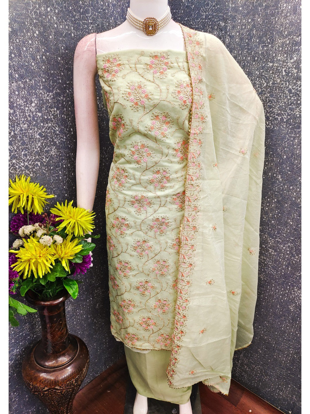 Elegant Green Floral Thread & Zari Embroidered Chanderi Cotton Dress Material - Image 2