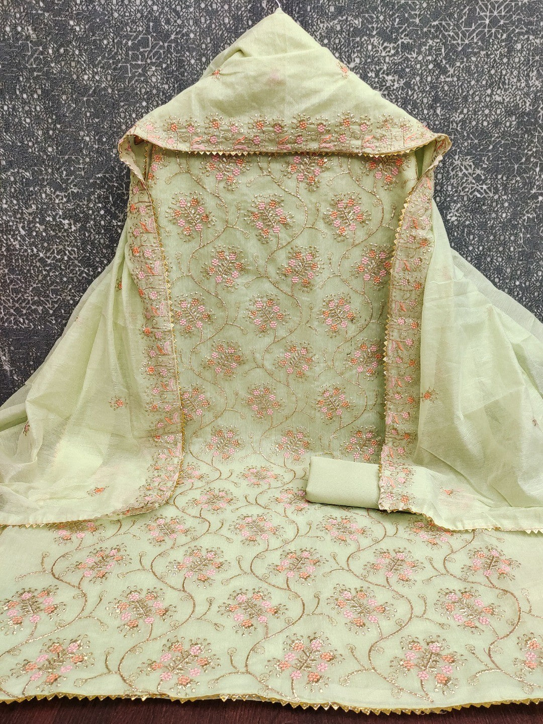 Elegant Green Floral Thread & Zari Embroidered Chanderi Cotton Dress Material - Image 4