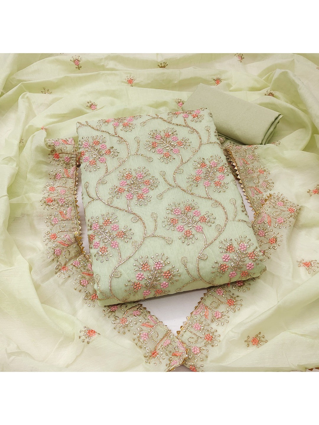 Elegant Green Floral Thread & Zari Embroidered Chanderi Cotton Dress Material - Image 1