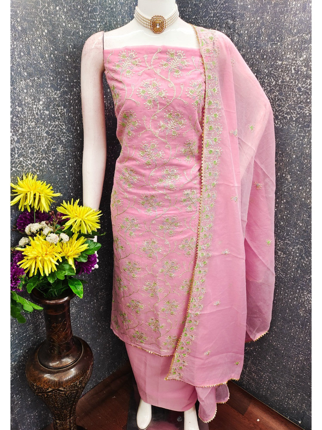 Elegant Pink Floral Thread & Zari Embroidered Chanderi Cotton Dress Material - Image 3