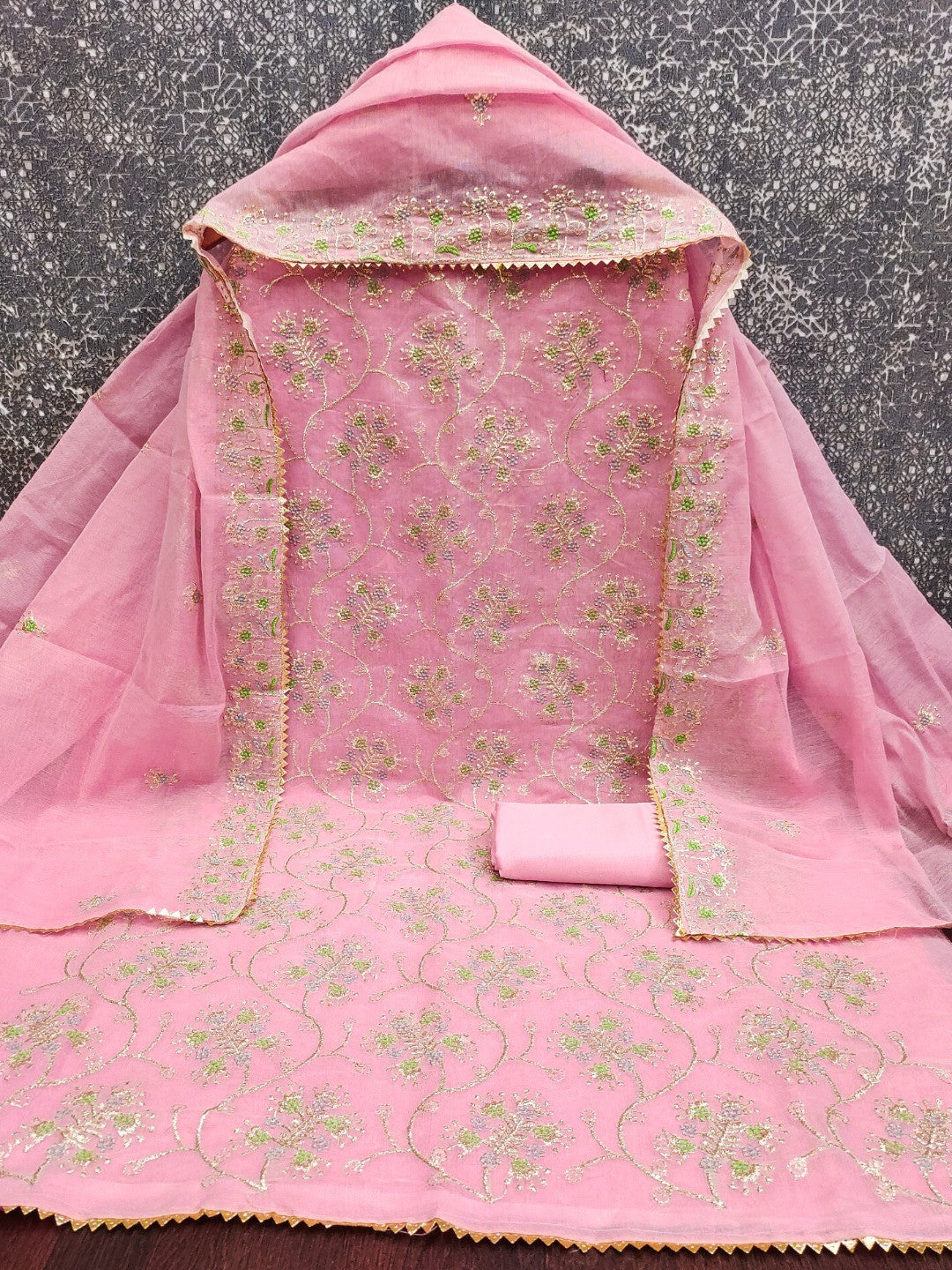 Elegant Pink Floral Thread & Zari Embroidered Chanderi Cotton Dress Material - Image 4