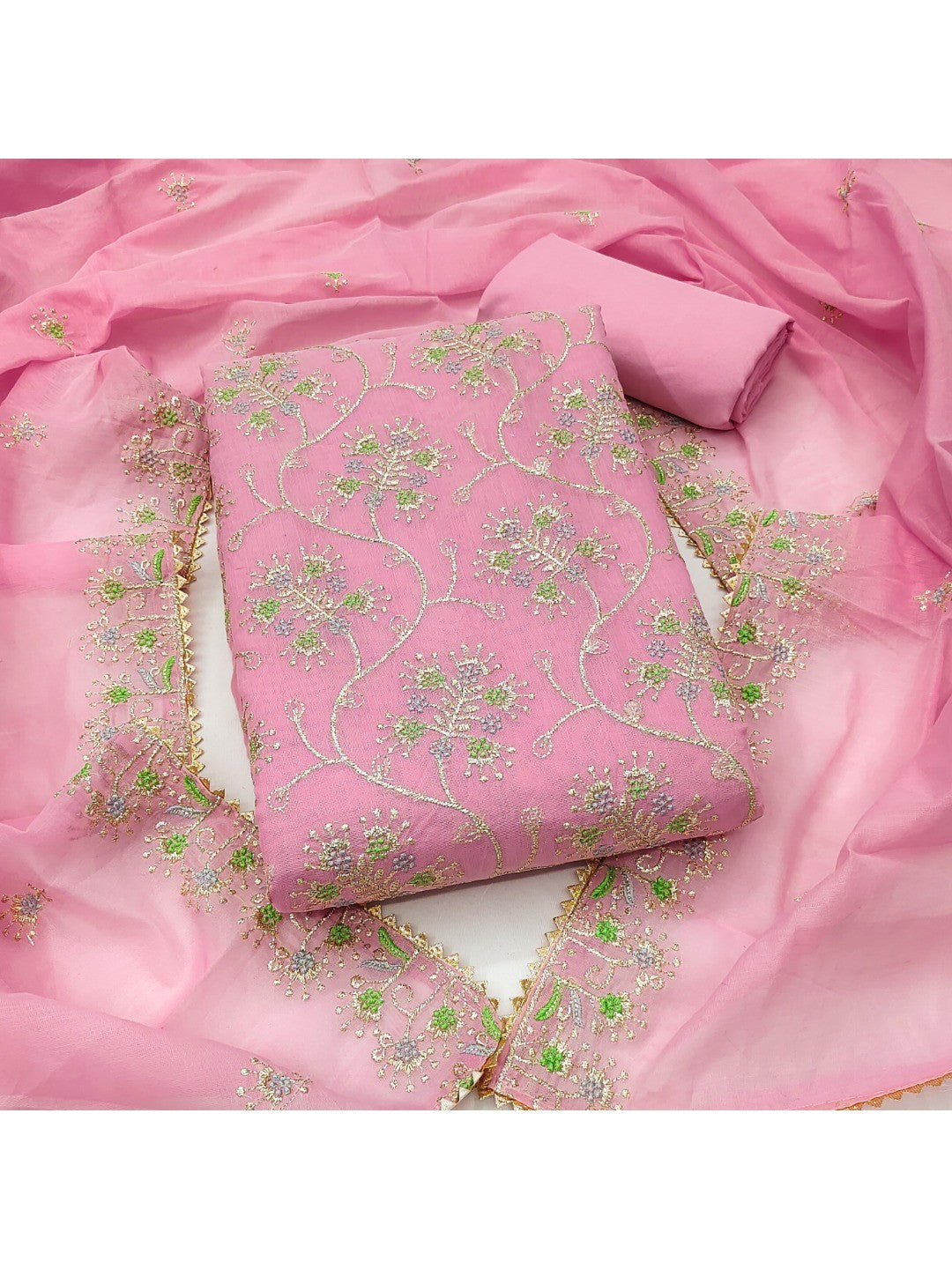 Elegant Pink Floral Thread & Zari Embroidered Chanderi Cotton Dress Material - Image 1