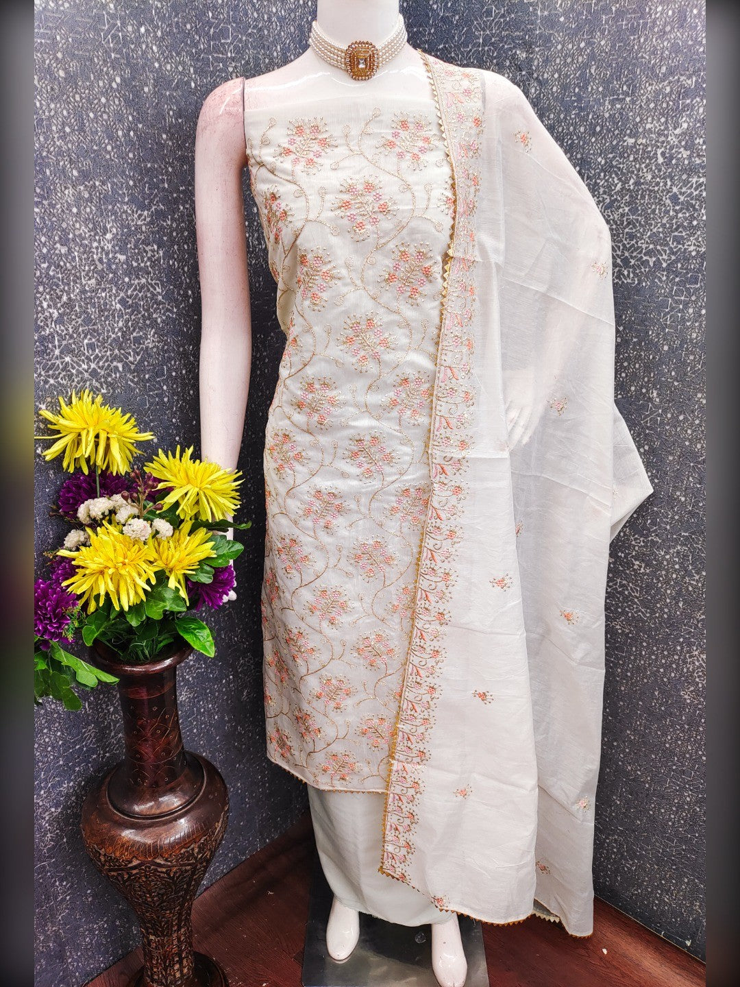 Elegant Light Grey Floral Thread & Zari Embroidered Chanderi Cotton Dress Material - Image 4