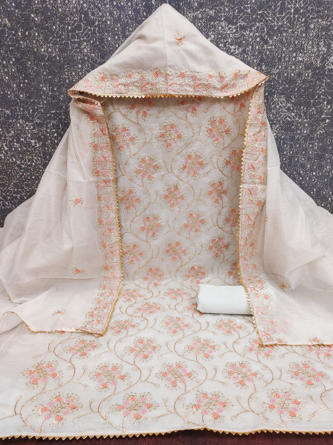 Elegant Light Grey Floral Thread & Zari Embroidered Chanderi Cotton Dress Material - Image 2