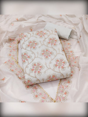 Elegant Light Grey Floral Thread & Zari Embroidered Chanderi Cotton Dress Material - Image 1