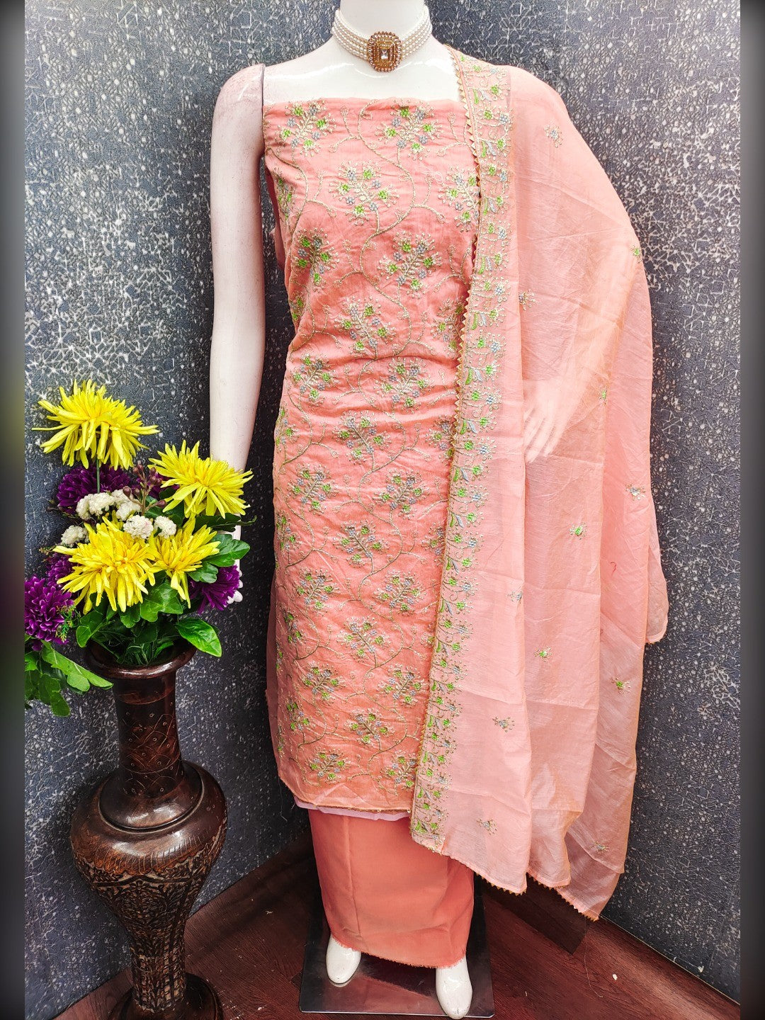 Elegant Peach Floral Thread & Zari Embroidered Chanderi Cotton Dress Material - Image 3