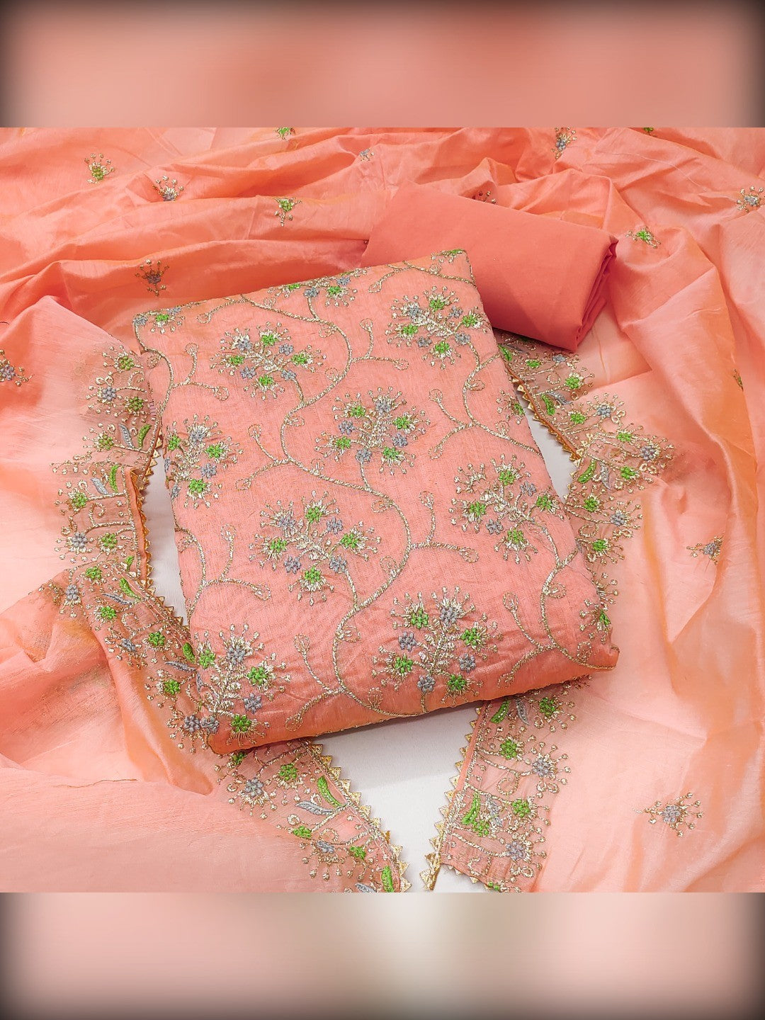 Elegant Peach Floral Thread & Zari Embroidered Chanderi Cotton Dress Material - Image 1