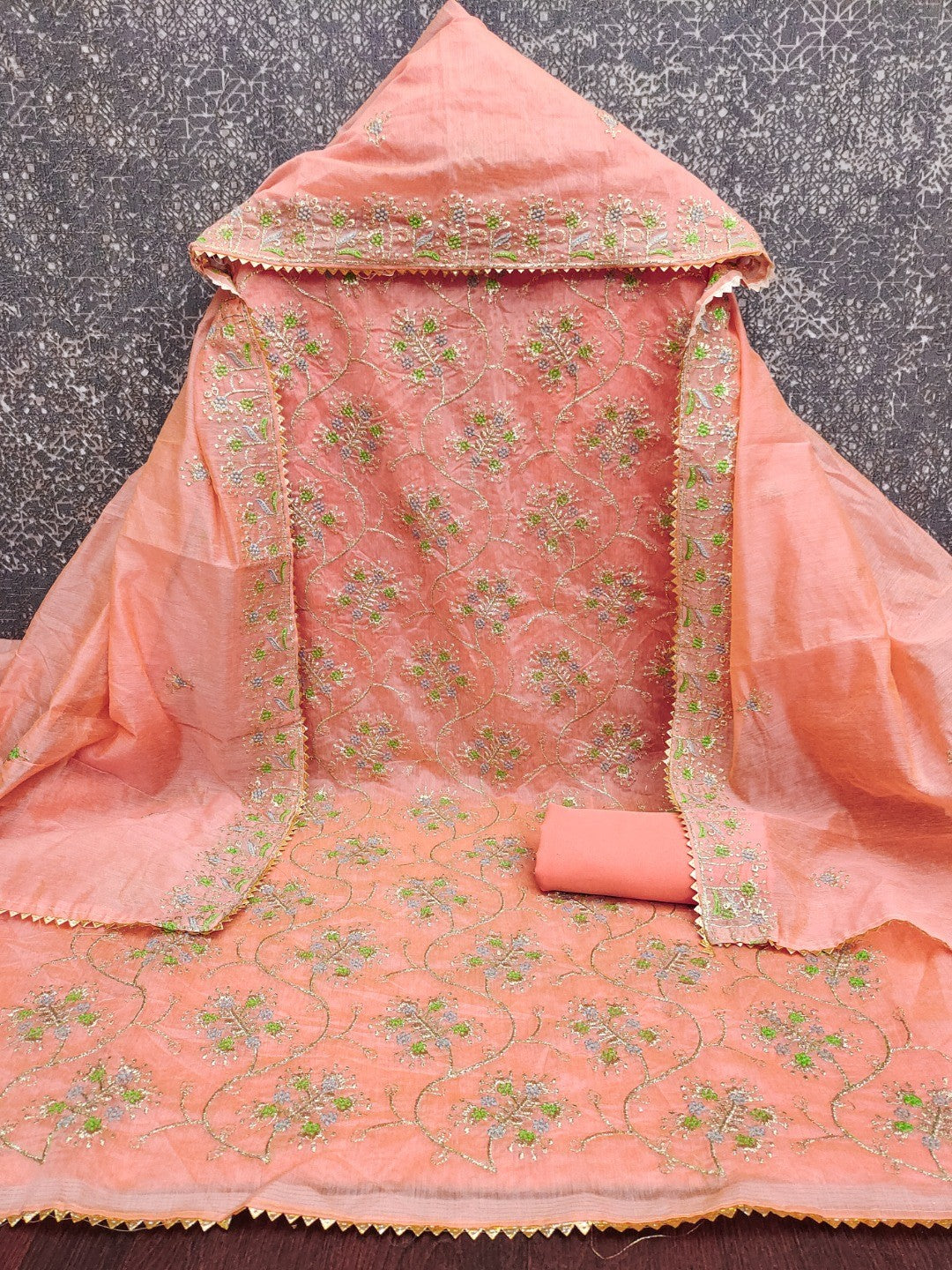 Elegant Peach Floral Thread & Zari Embroidered Chanderi Cotton Dress Material - Image 4