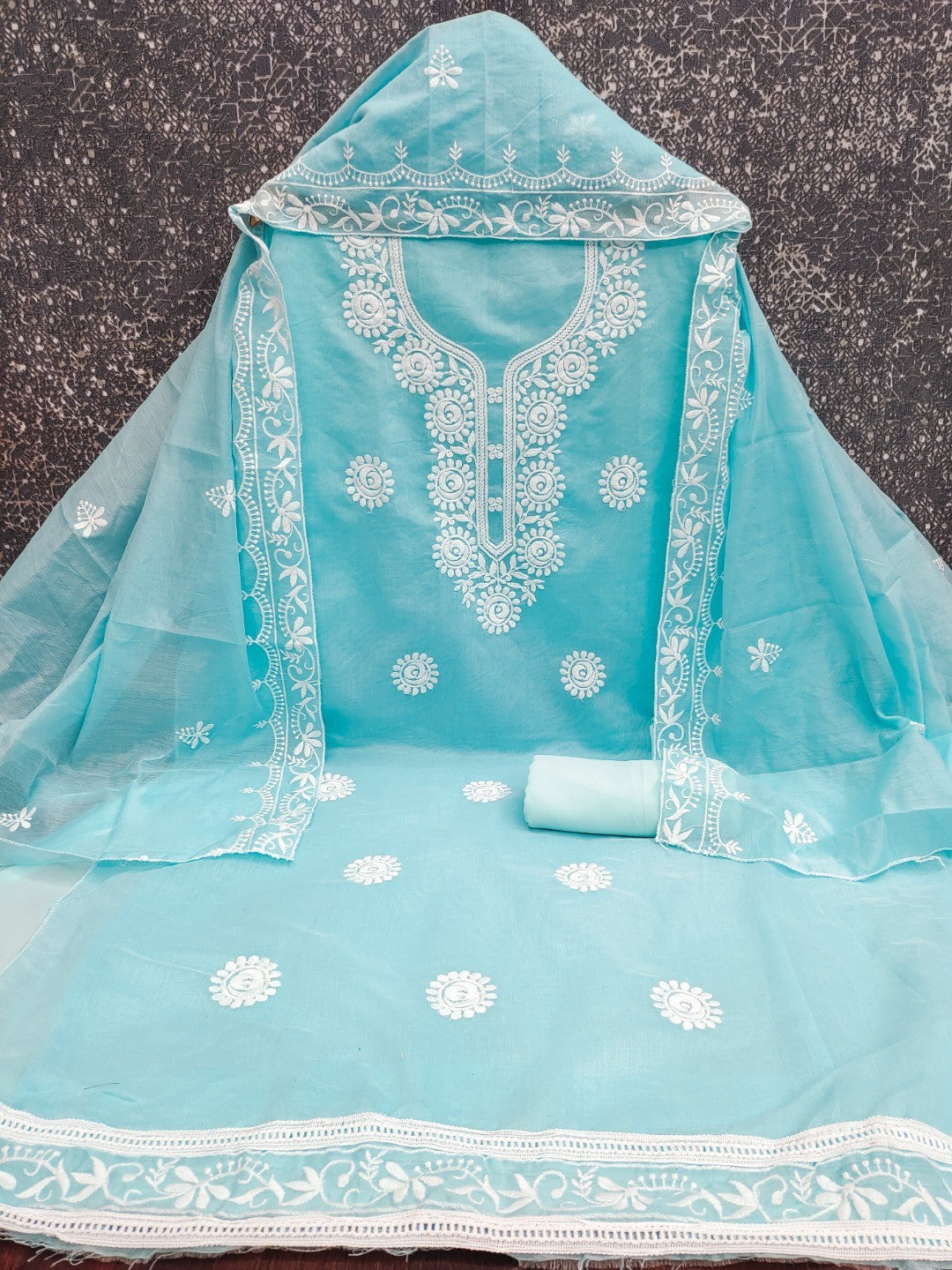 Charming Blue Floral Thread Embroidered Work Chanderi Cotton Dress Material - Image 2
