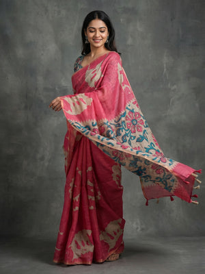 Elegant Pink Abstract Print Linen Saree with Floral Blouse - Image 1