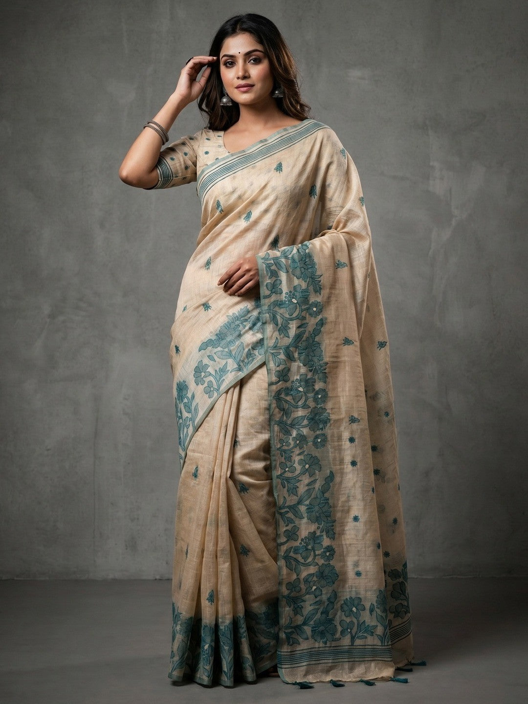 Elegant Beige Pure Cotton Saree with Teal Floral Thread Work - Image 1