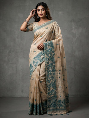 Elegant Beige Pure Cotton Saree with Teal Floral Thread Work - Image 1