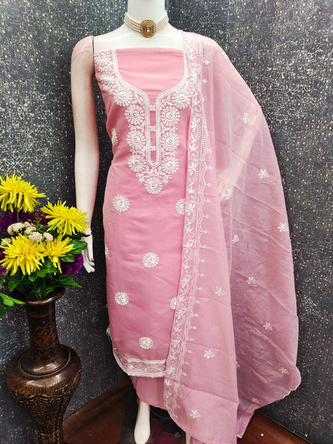 Charming Pink Floral Thread Embroidered Work Chanderi Cotton Dress Material - Image 3