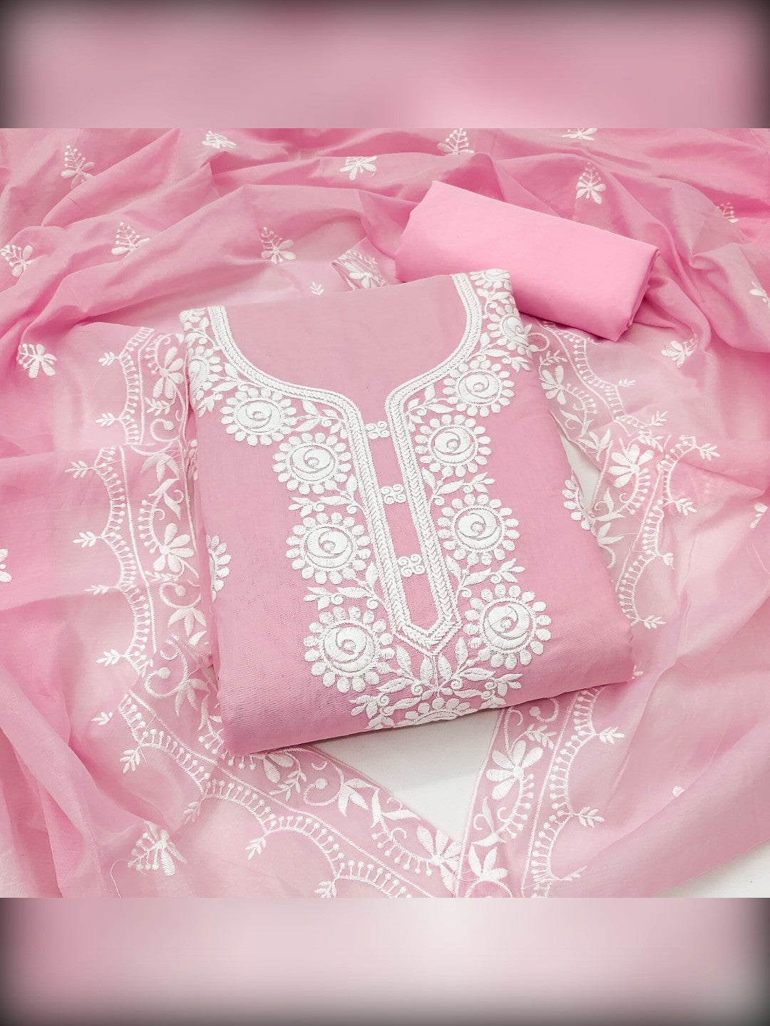Charming Pink Floral Thread Embroidered Work Chanderi Cotton Dress Material - Image 1