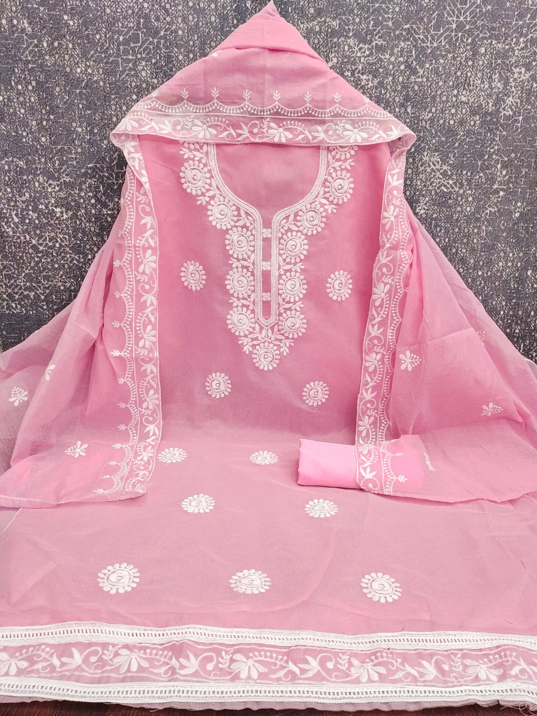 Charming Pink Floral Thread Embroidered Work Chanderi Cotton Dress Material - Image 4