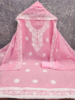 Charming Pink Floral Thread Embroidered Work Chanderi Cotton Dress Material - Image 2