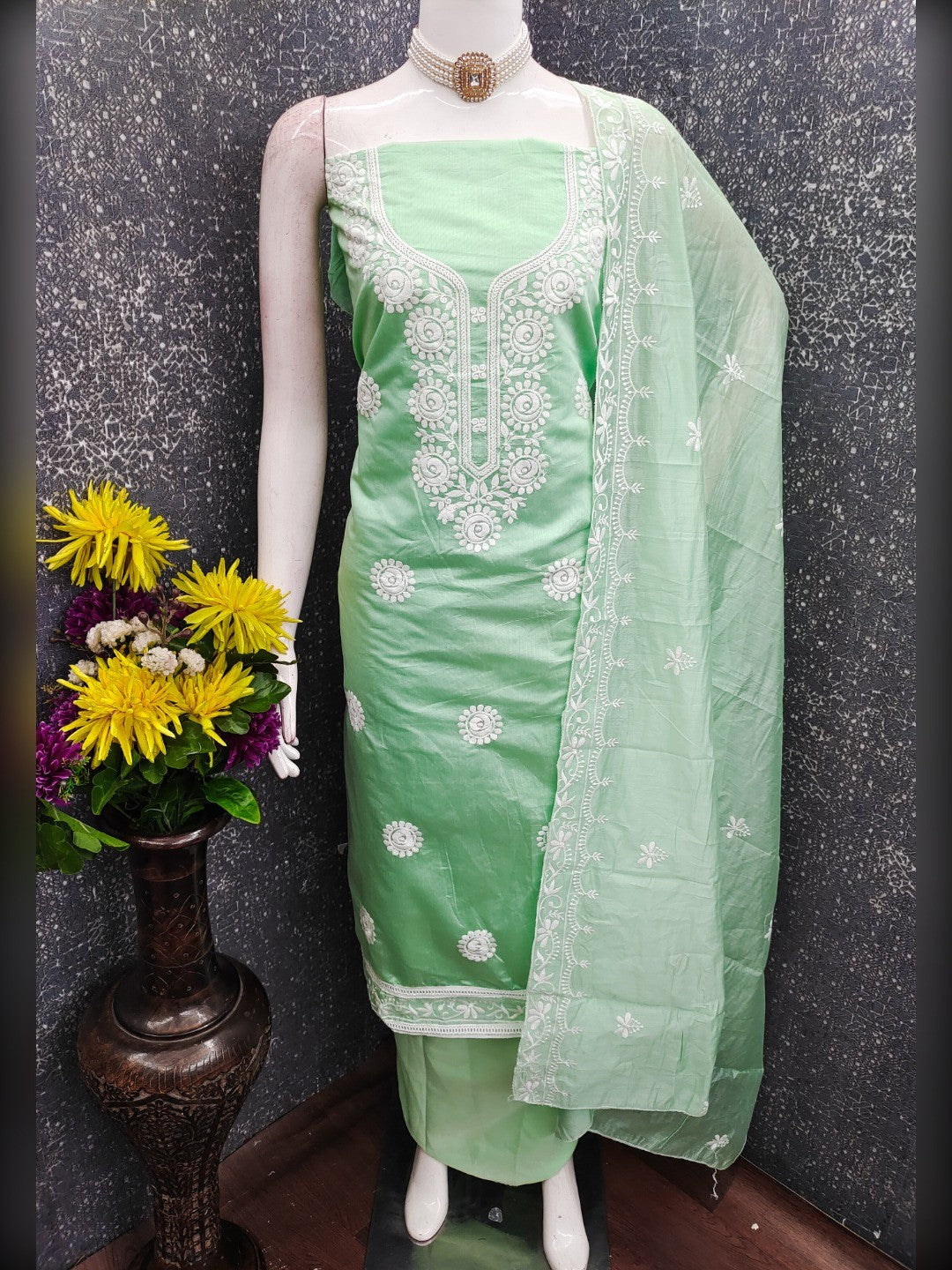 Charming Green Floral Thread Embroidered Work Chanderi Cotton Dress Material - Image 3