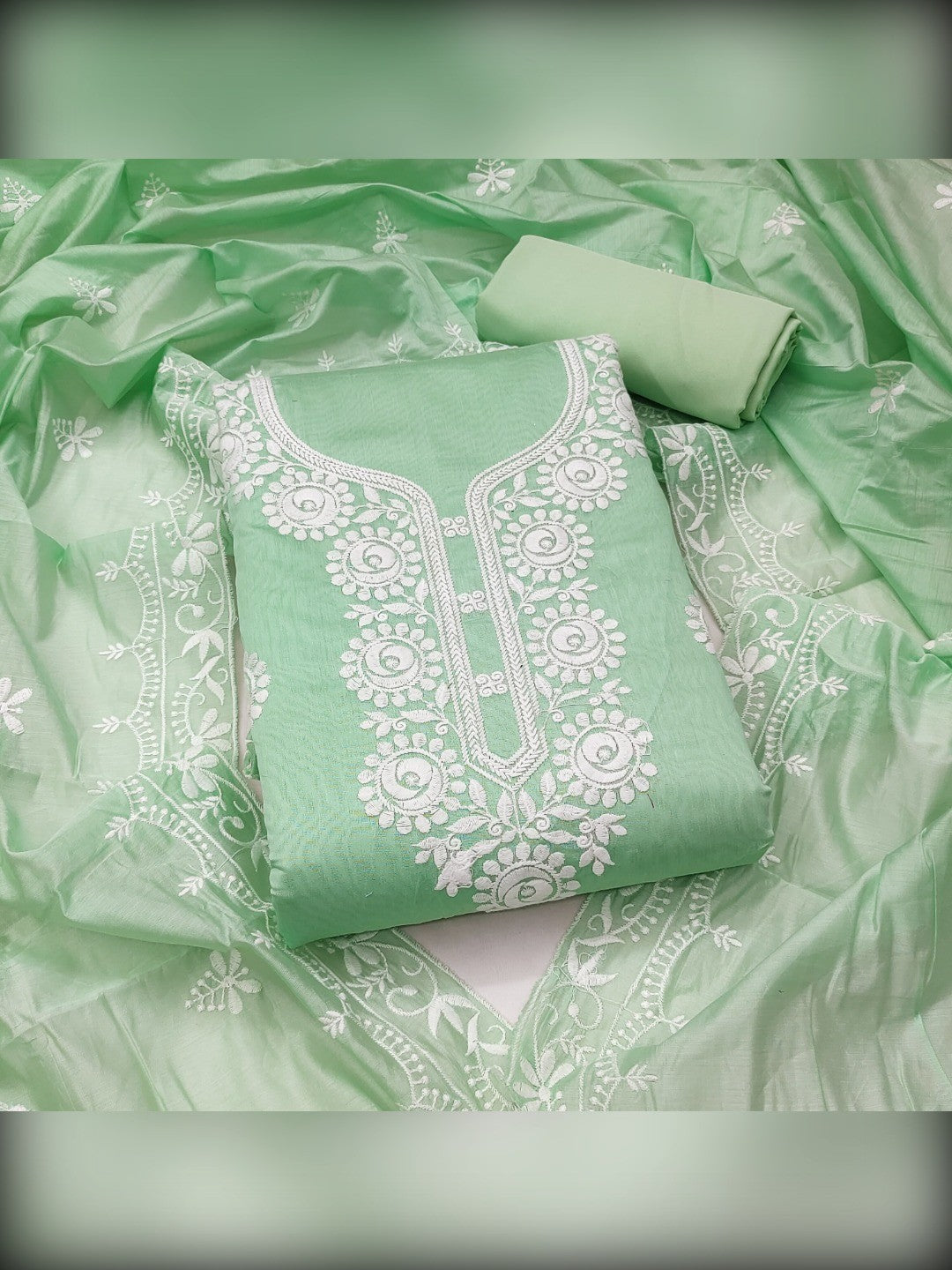 Charming Green Floral Thread Embroidered Work Chanderi Cotton Dress Material - Image 1