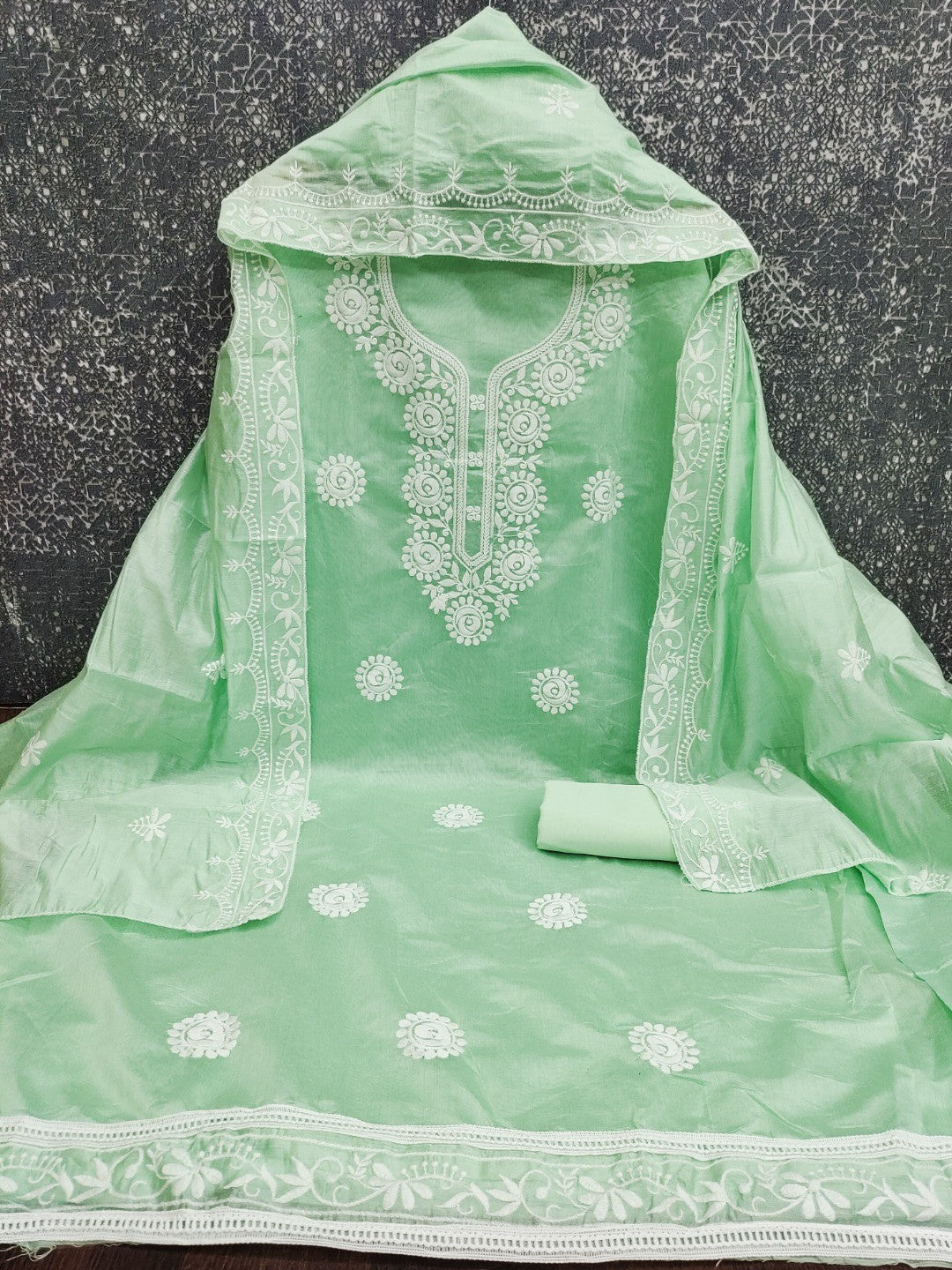 Charming Green Floral Thread Embroidered Work Chanderi Cotton Dress Material - Image 4