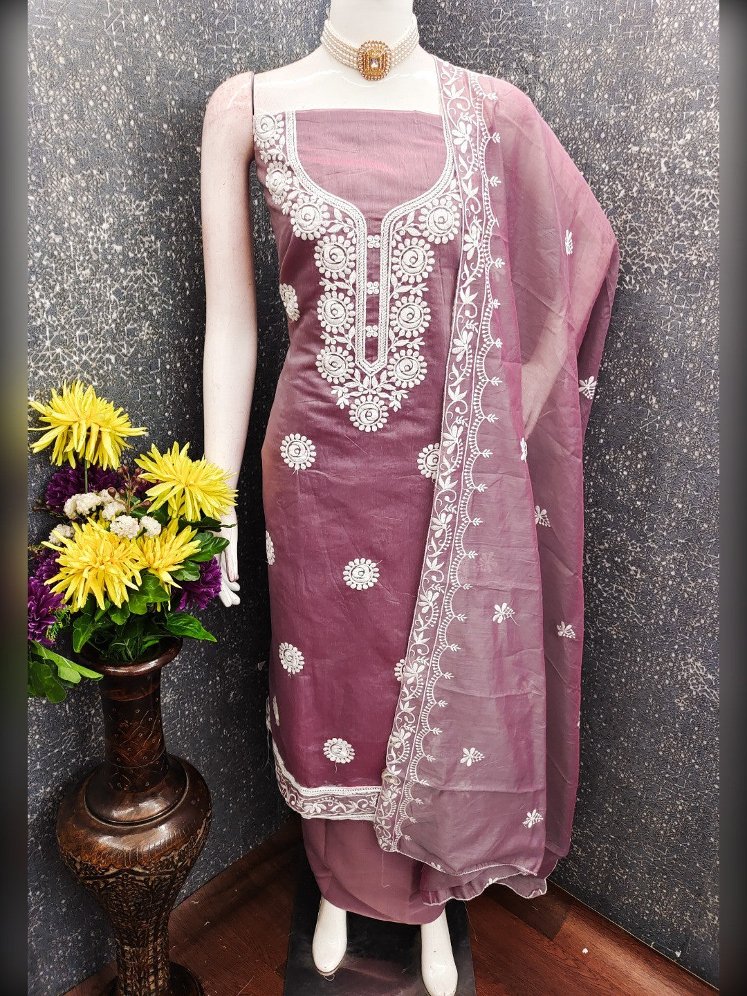 Charming Mauve Floral Thread Embroidered Work Chanderi Cotton Dress Material - Image 3