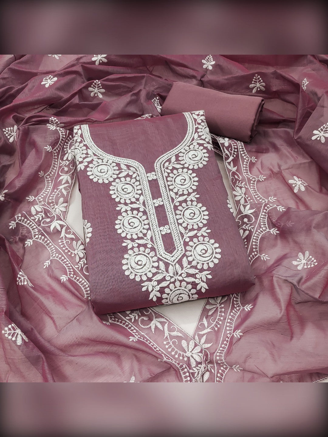 Charming Mauve Floral Thread Embroidered Work Chanderi Cotton Dress Material - Image 1
