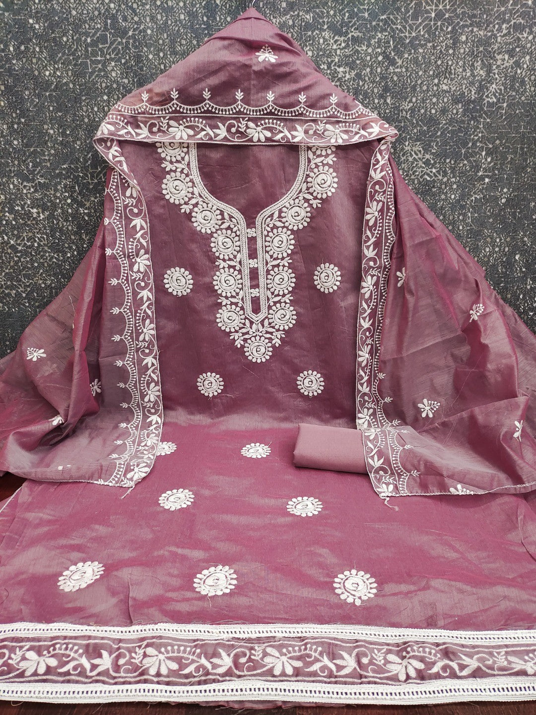 Charming Mauve Floral Thread Embroidered Work Chanderi Cotton Dress Material - Image 2
