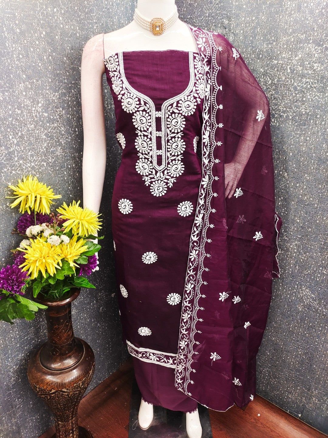 Charming Wine Floral Thread Embroidered Work Chanderi Cotton Dress Material - Image 3