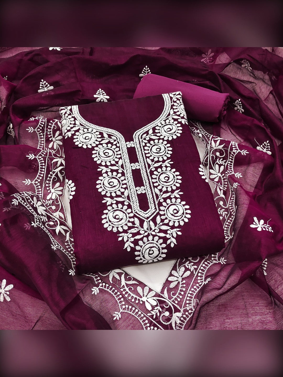 Charming Wine Floral Thread Embroidered Work Chanderi Cotton Dress Material - Image 1