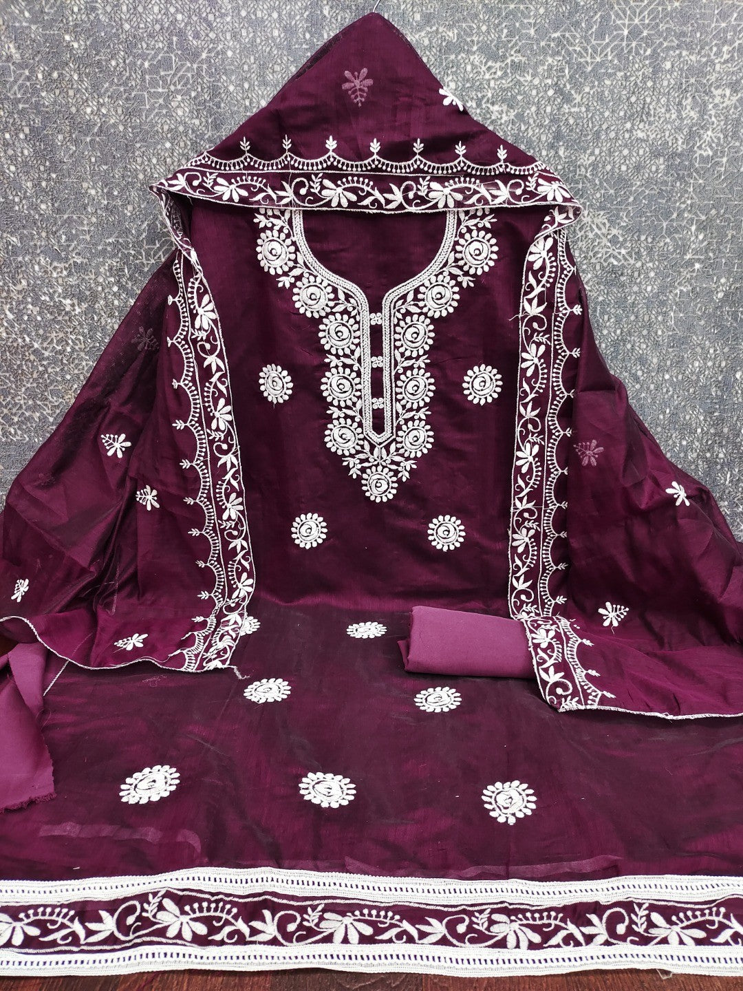 Charming Wine Floral Thread Embroidered Work Chanderi Cotton Dress Material - Image 4
